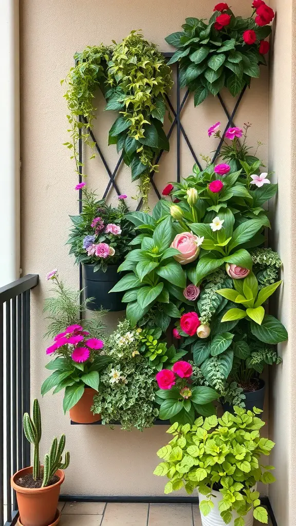 A vibrant vertical garden with various plants including flowers and greenery, arranged on a wall.