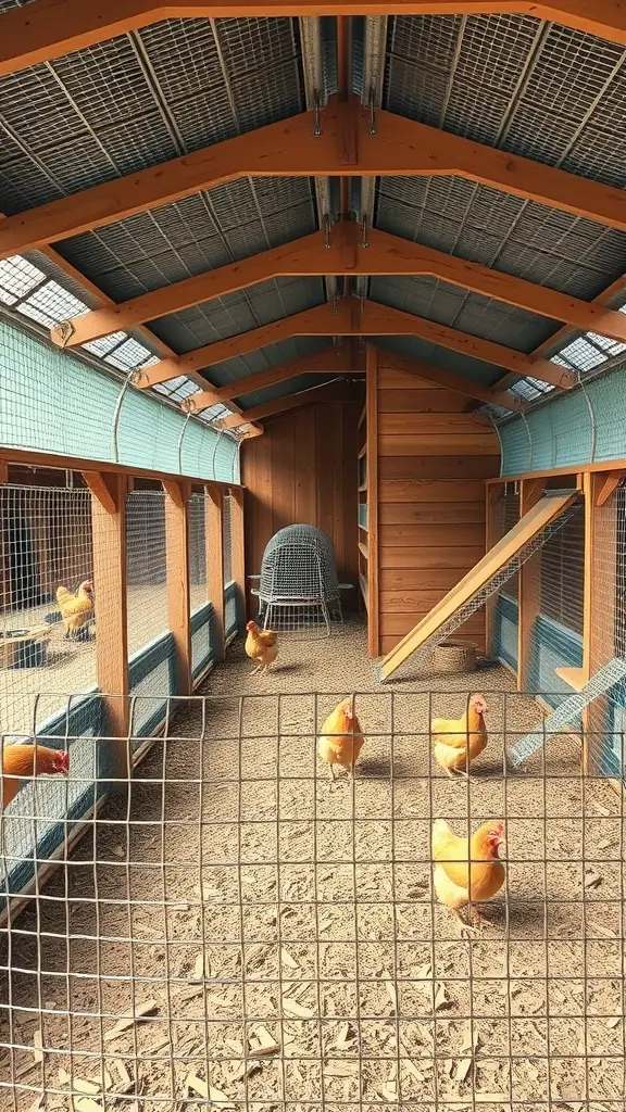 A spacious chicken run with wooden beams, mesh fencing, and several chickens inside.