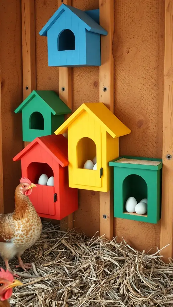Colorful nesting boxes for chickens in a coop with a hen nearby.