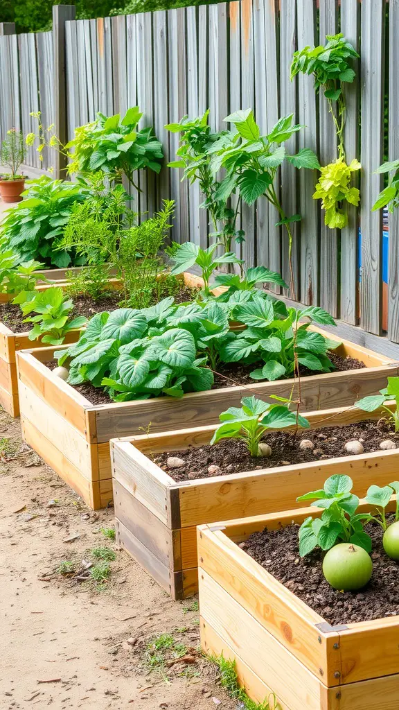 A series of wooden raised garden beds filled with various green plants and vegetables.