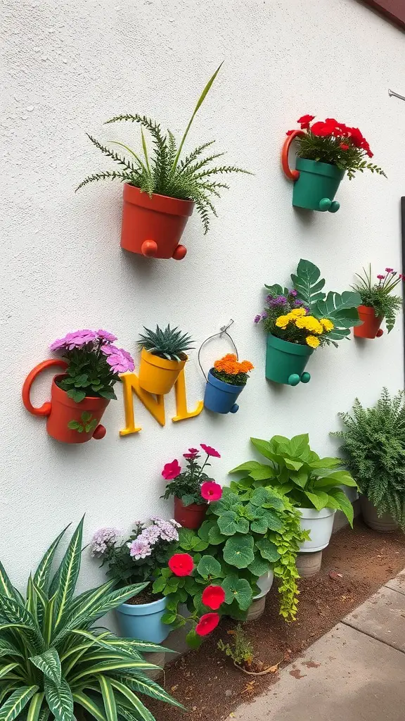 Colorful wall planters with various plants attached to a white wall.