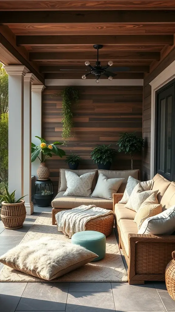 Cozy outdoor lounge area with cushioned sofa, pillows, and plants.