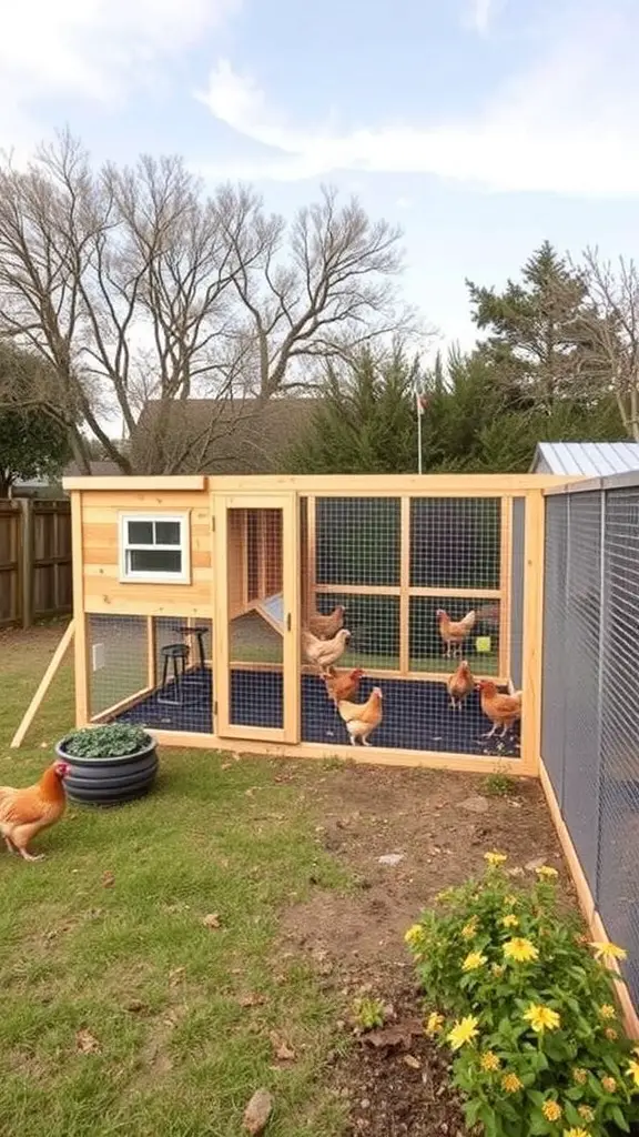 A stylish wooden chicken coop with a secure run, surrounded by grass and flowers.