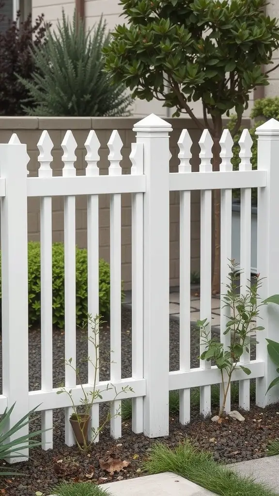 A white picket fence surrounding a small backyard with greenery