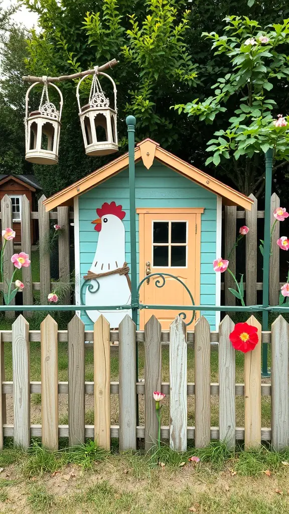 A colorful chicken coop with a decorative wooden fence and flowers.