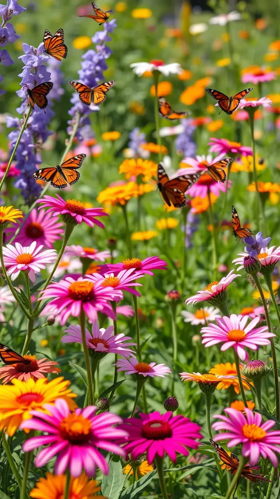 A colorful butterfly garden filled with various flowers and butterflies.