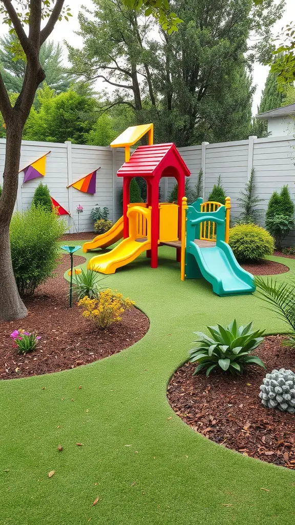 Colorful children's play area with slides and climbing features surrounded by greenery.