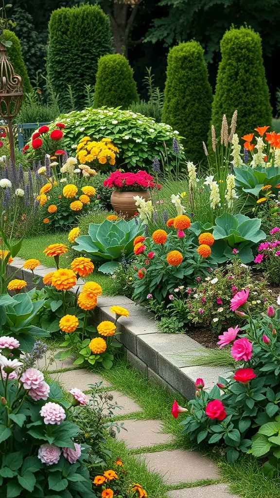 A vibrant garden filled with colorful flowers, including yellow, pink, and red blooms, alongside lush green foliage and a stone pathway.