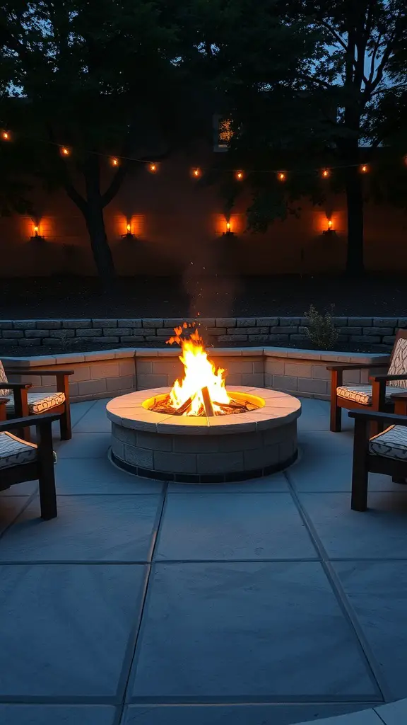 A cozy fire pit area with a stone fire pit, wooden chairs, and string lights in the evening.