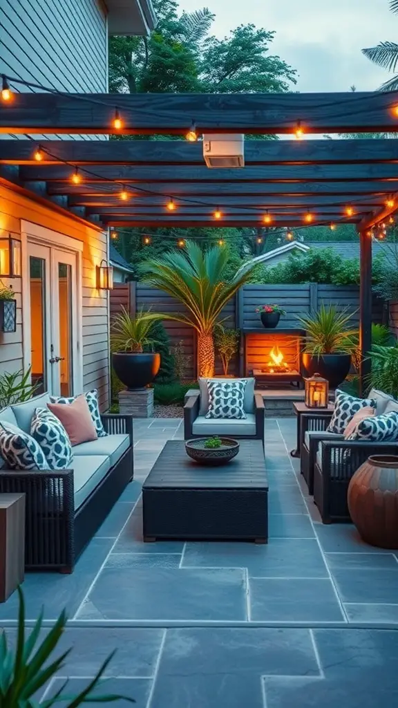 Cozy outdoor living space with comfortable seating, warm lighting, and greenery.