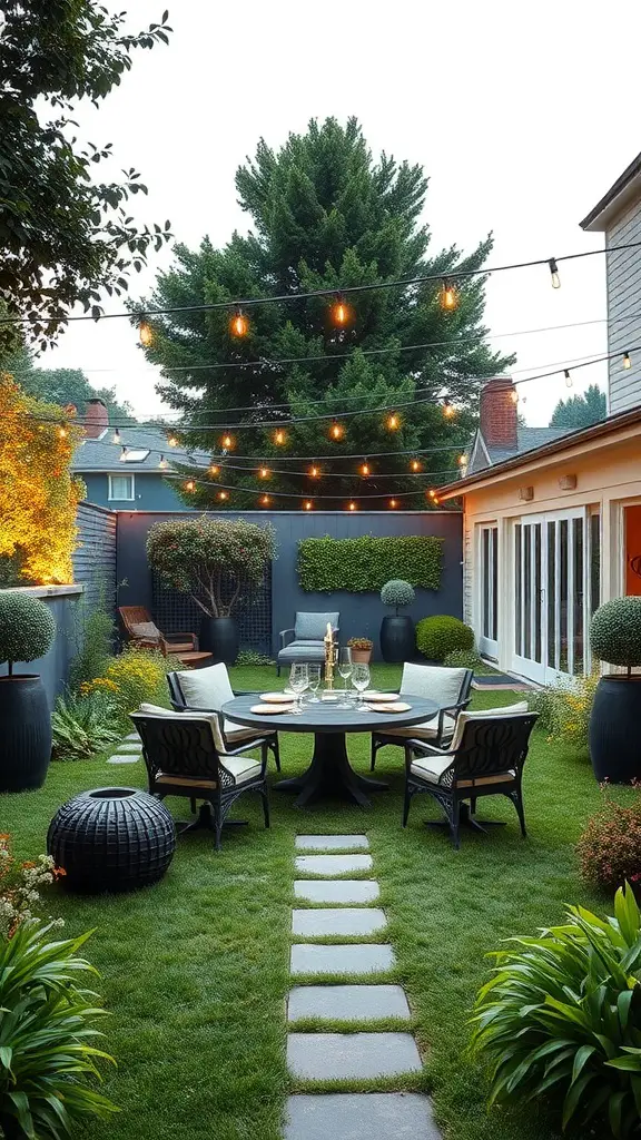 A beautifully designed garden with a round table, chairs, and string lights, perfect for entertaining.