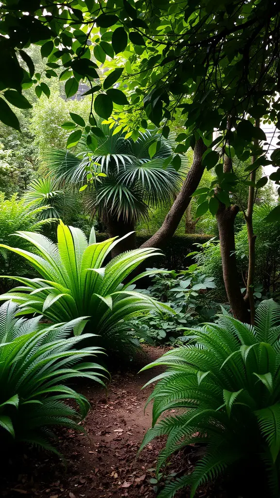 A lush shade garden with vibrant ferns and palm-like plants, featuring a winding path.