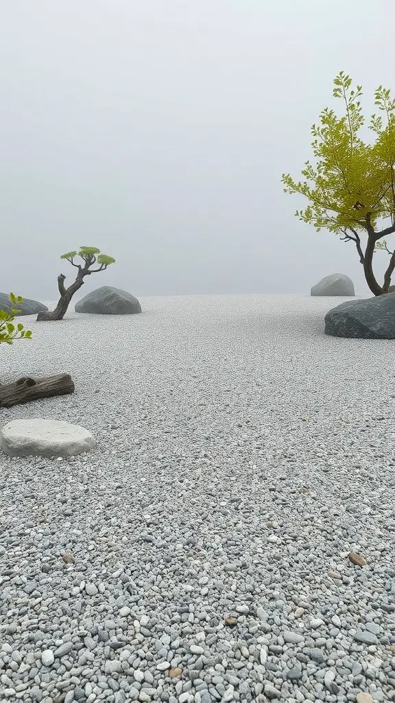 A serene Zen garden with gravel, rocks, and trees.