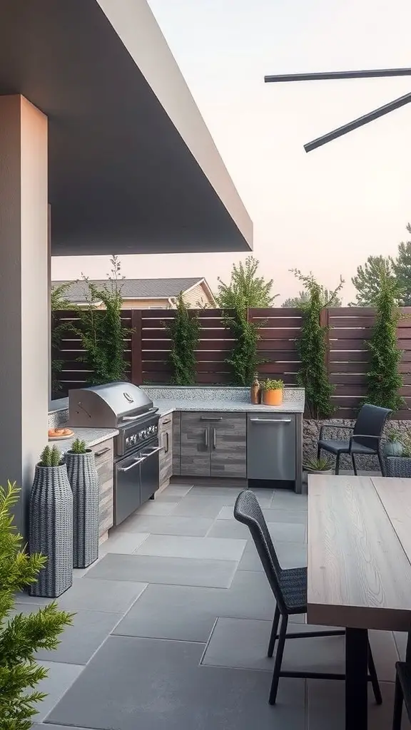 A modern outdoor kitchen with a grill, counter space, and seating area surrounded by greenery.