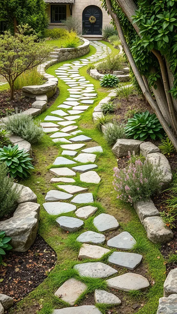 A winding stone pathway surrounded by greenery and flowers in a small garden.