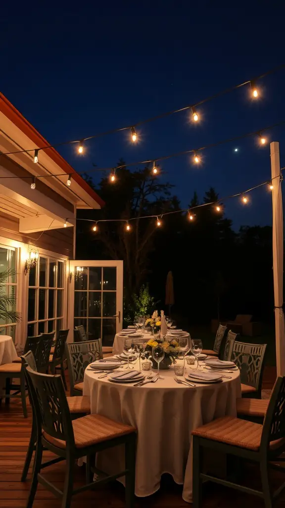 Outdoor dining area with round tables, string lights, and a cozy atmosphere at night.