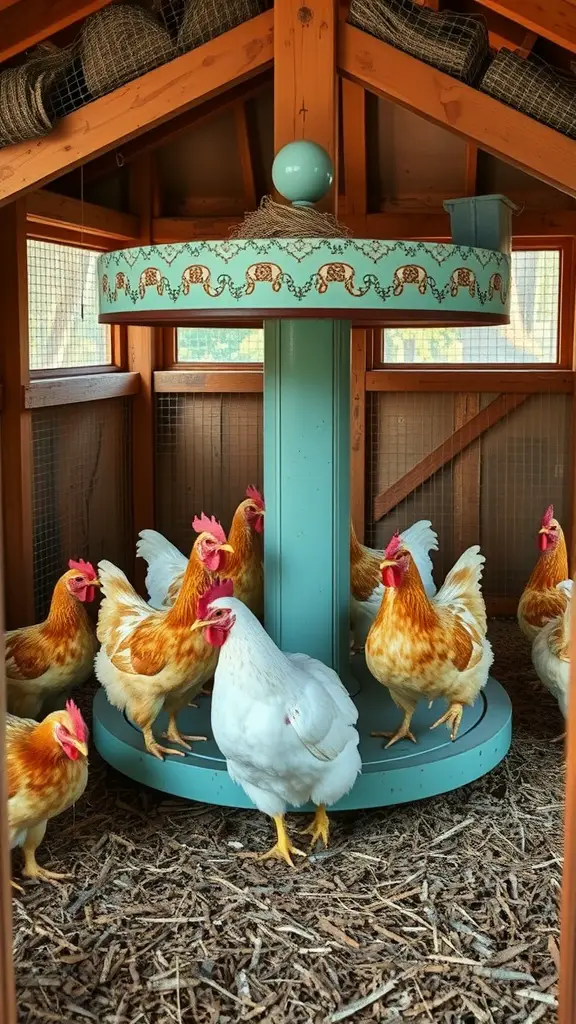 A colorful chicken carousel inside a coop with several chickens around it.