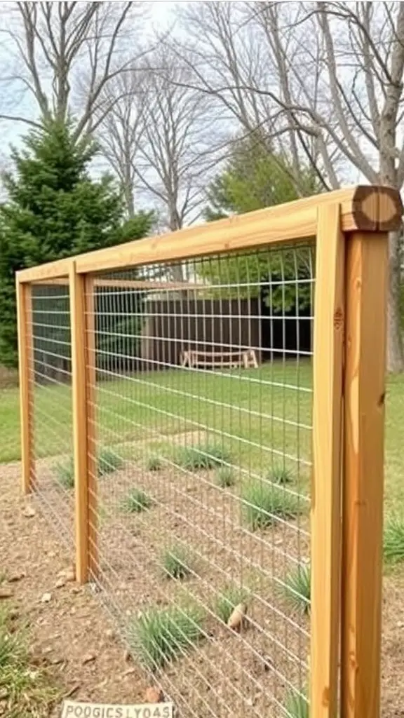 A wooden and wire mesh fence suitable for a chicken run, surrounded by grass and trees.