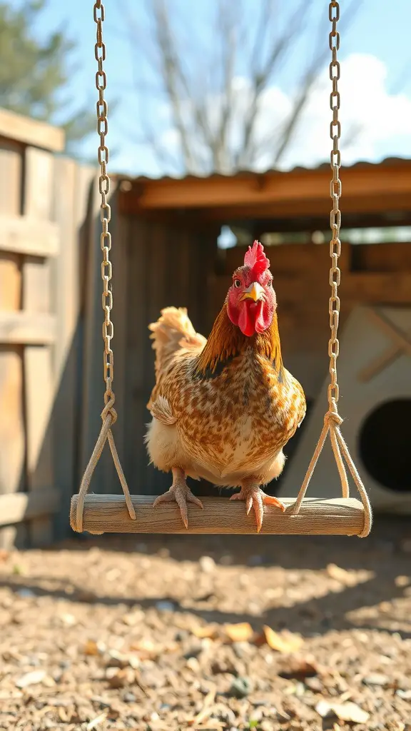 A chicken sitting on a wooden swing in a sunny coop