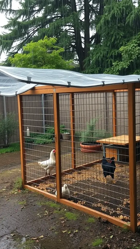 A covered chicken pen with wooden frames and a sloped roof, protecting chickens from rain.