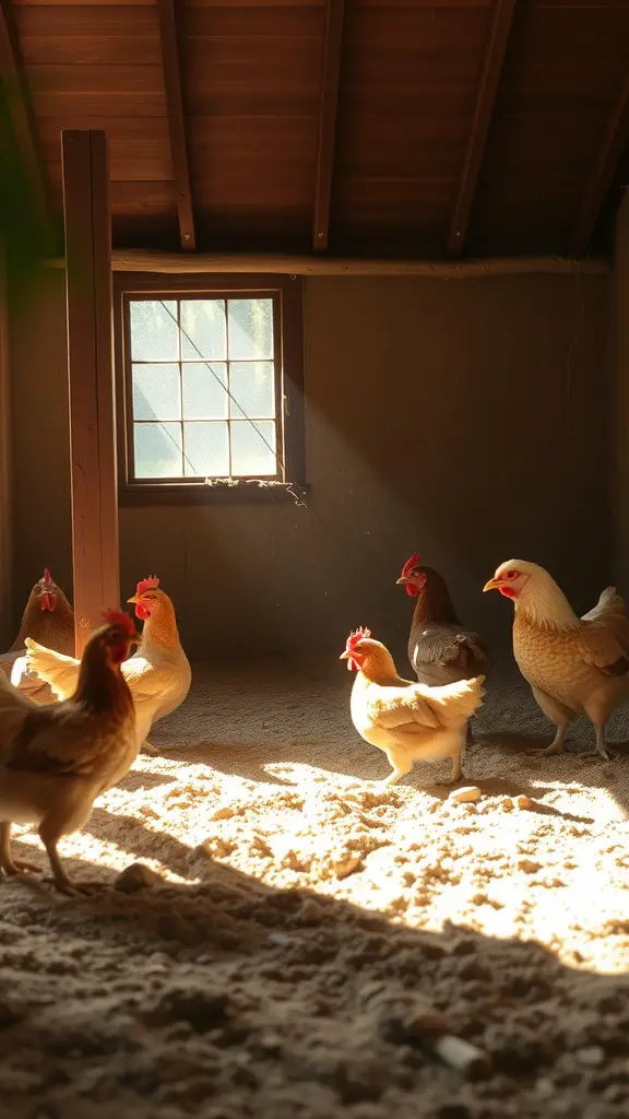 Chickens enjoying a dust bath in a cozy coop with sunlight streaming in.