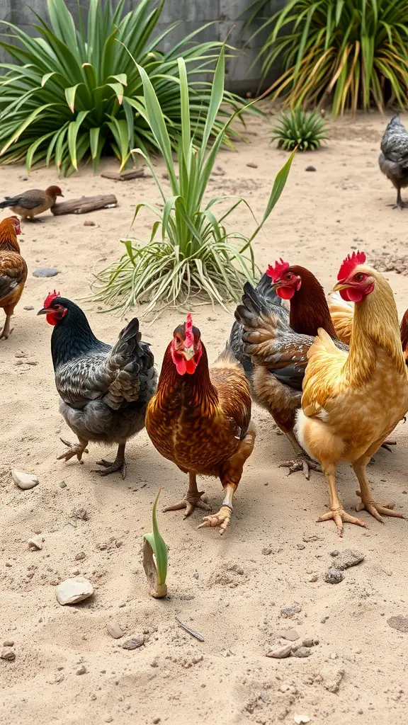 Chickens enjoying a dust bath in a sandy area with plants in the background.