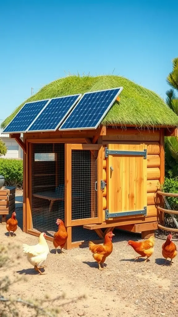 Eco-friendly chicken coop with solar panels and a grass roof, surrounded by chickens.