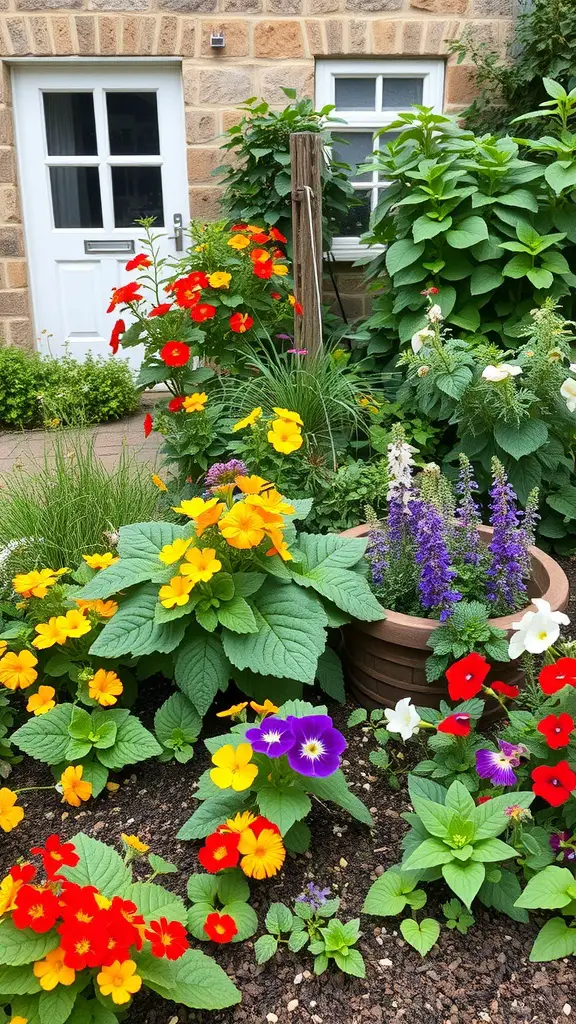 A colorful cottage garden with various edible flowers including nasturtiums and pansies.