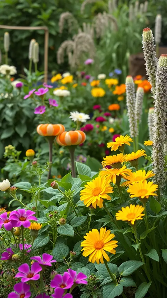 A colorful garden filled with yellow, pink, and orange flowers, showcasing a blend of ornamental and edible plants.