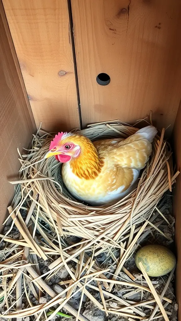 A hen sitting in a nesting box with straw and an egg nearby.