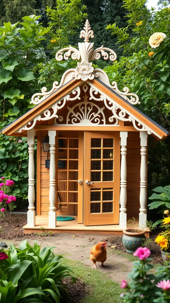A beautifully designed chicken coop with decorative elements, surrounded by flowers and greenery.