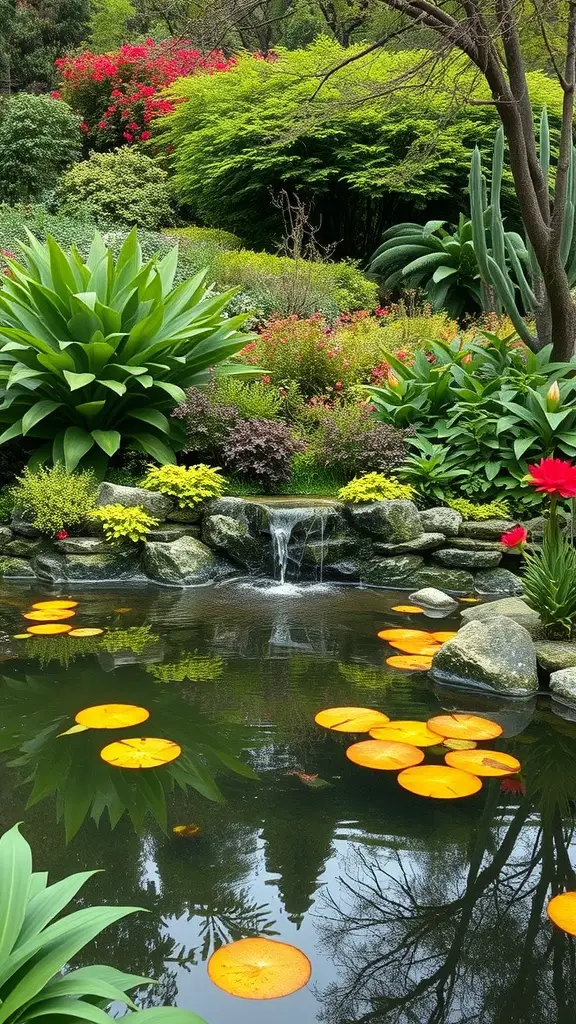 A tranquil garden pond with orange lily pads and a small waterfall, surrounded by vibrant greenery and flowers.