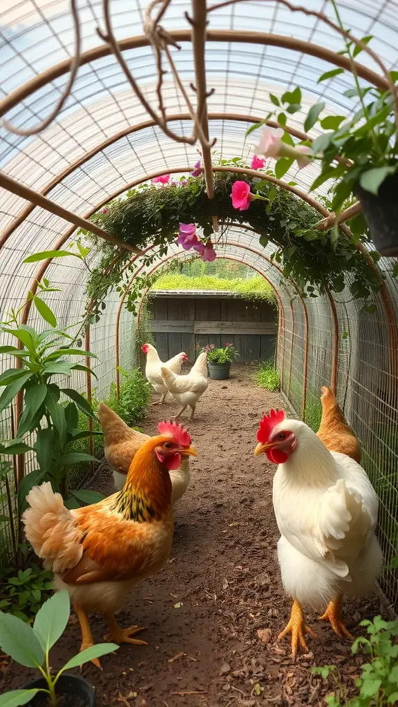 A vibrant chicken tunnel with chickens and various plants, showcasing a natural and lively environment.