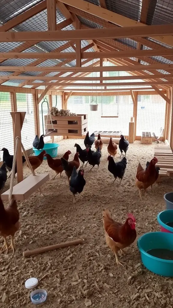 A spacious chicken coop with various chickens, a swing, and feeding areas.