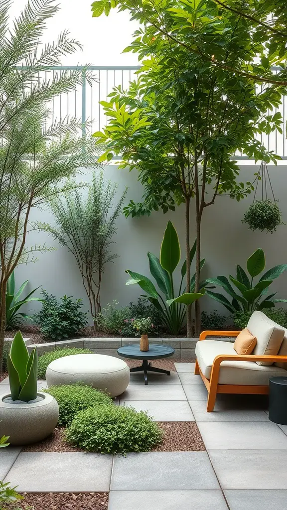 A tranquil garden with lush plants, a cozy seating area, and stone pathways.