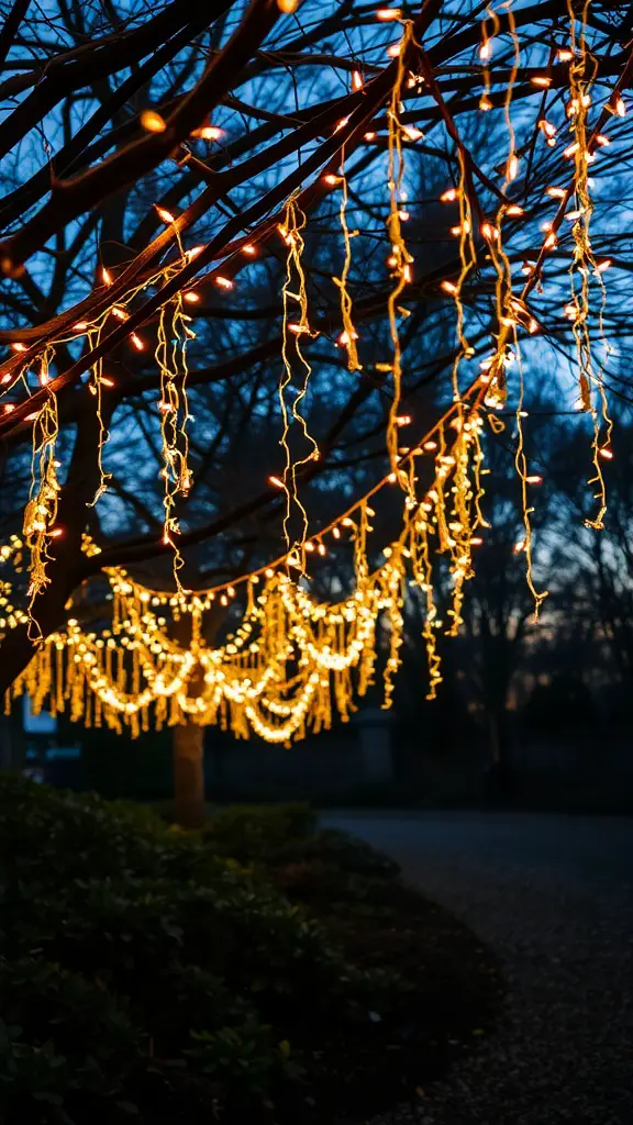 A tree adorned with warm fairy lights, creating a magical canopy effect in a garden.