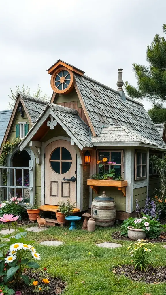 A charming fairy tale cottage chicken coop with a unique roof, flower boxes, and a cozy entrance.