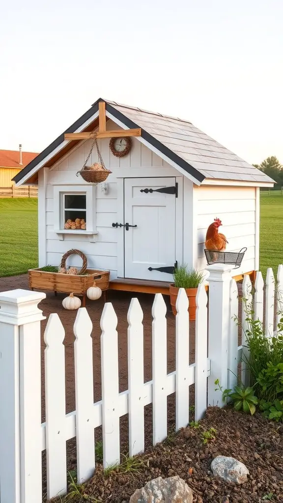 A charming white chicken coop with a sloped roof, surrounded by a white picket fence and decorated with pumpkins and plants.