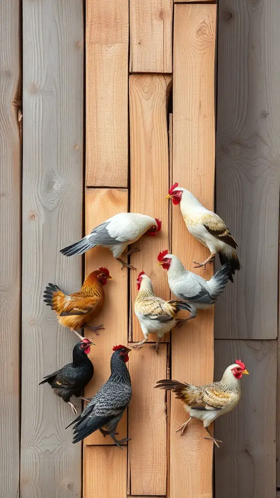 Chickens climbing on a wooden wall made of various planks.