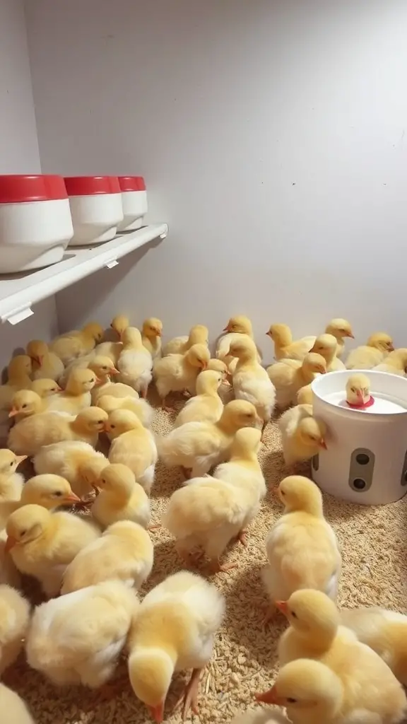 A group of yellow chicks in a brooder with feeders and a waterer