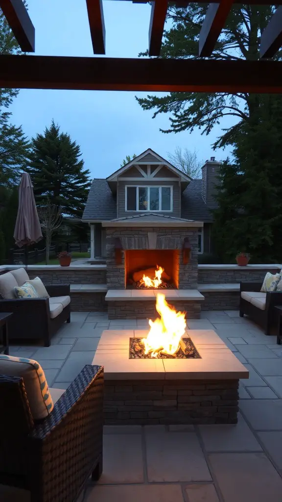 Outdoor patio with a stone fireplace and comfortable seating