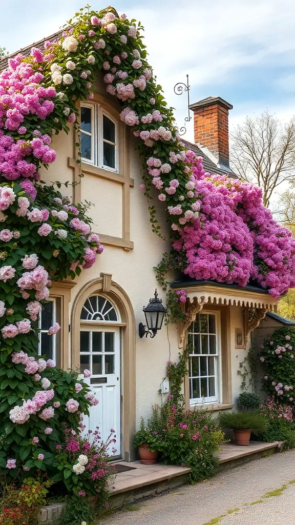 A charming cottage covered in vibrant pink and white flowering climbing vines.