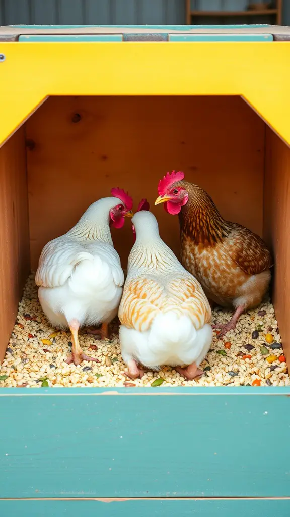 Three chickens foraging in a colorful box filled with grains and seeds.