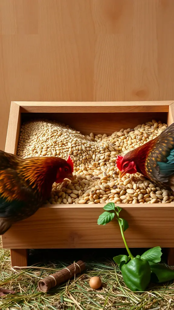 Two chickens foraging in a wooden box filled with grains and seeds.