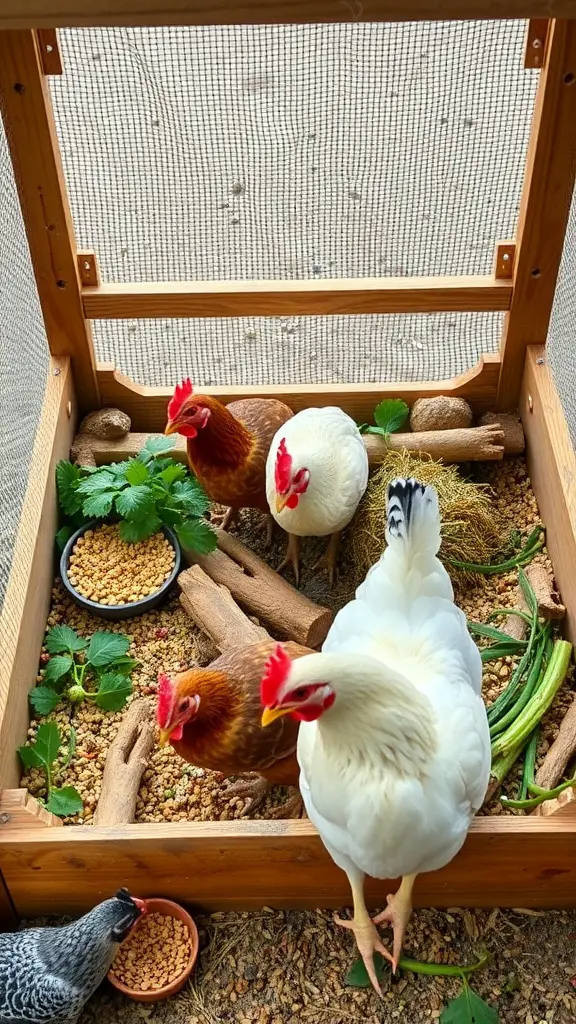 Chickens exploring a foraging box filled with grains, herbs, and wooden logs.