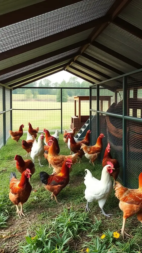 A vibrant free-range chicken coop with various chickens roaming around in a grassy area.