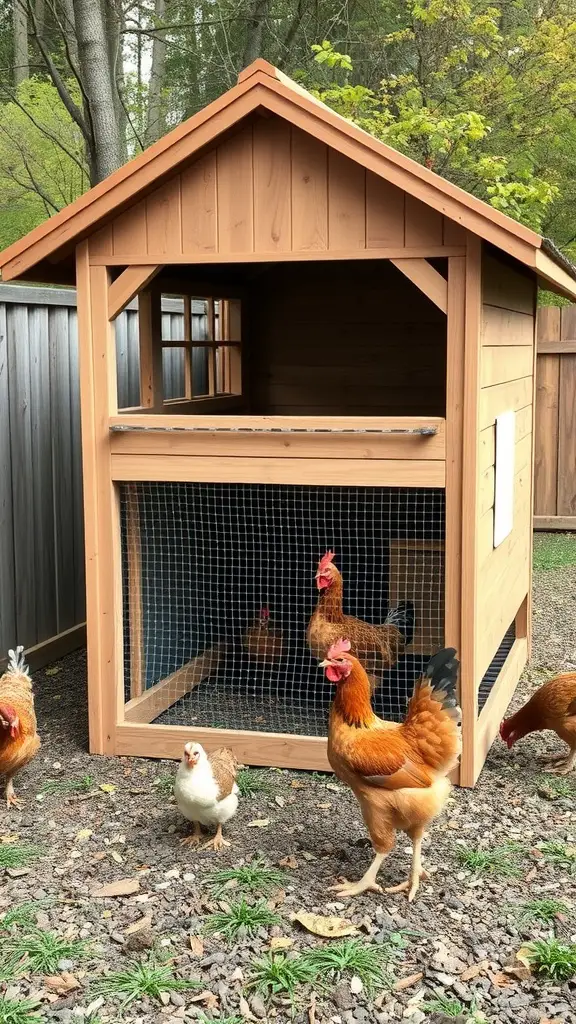 A stylish wooden chicken coop with chickens outside