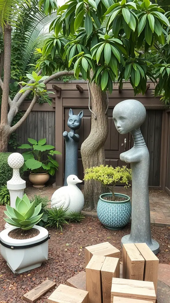 A cozy garden featuring unique sculptures including a tall figure, a cat, and a duck, surrounded by lush greenery.