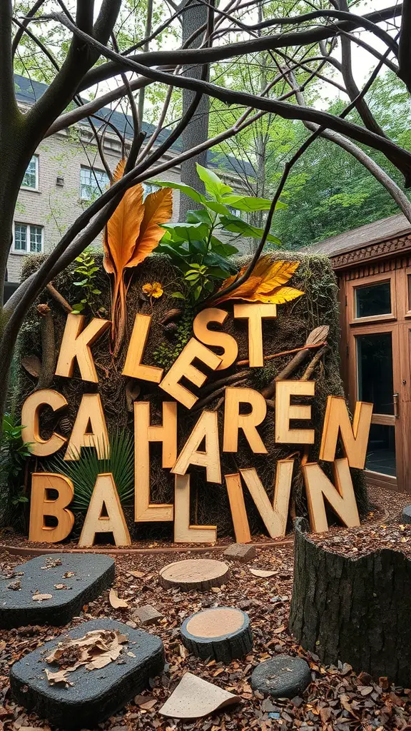Wooden letters arranged among leaves and branches in a garden setting