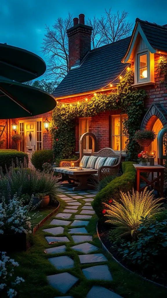 A cozy cottage garden illuminated by warm lights in the evening.